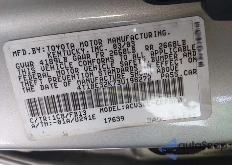 2003 Toyota Camry Le из США, поврежденный, VIN 4T1BE32K73U198272